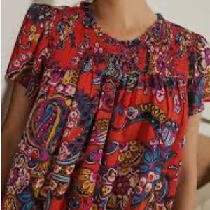 Anthropologie Sweet Dreams Red Smocked Floral Babydoll Top XS